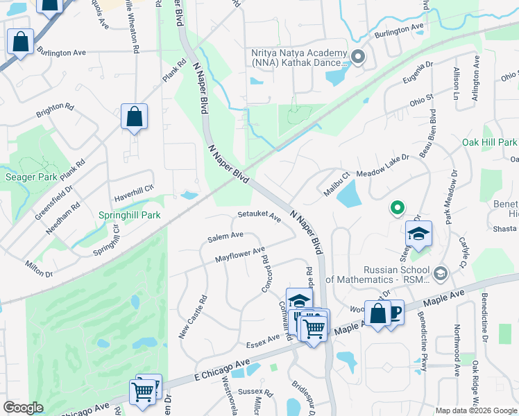 map of restaurants, bars, coffee shops, grocery stores, and more near 25W172 Setauket Avenue in Naperville