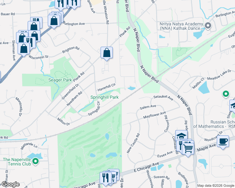 map of restaurants, bars, coffee shops, grocery stores, and more near 1286 Haverhill Circle in Naperville