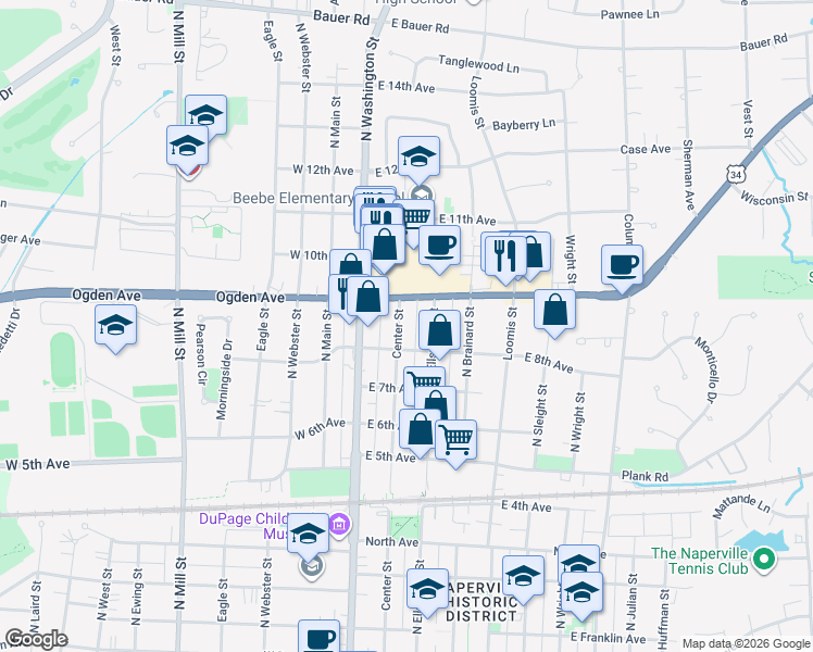 map of restaurants, bars, coffee shops, grocery stores, and more near 847 North Center Street in Naperville