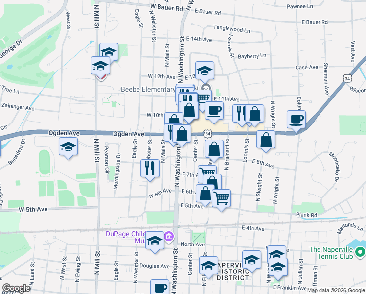 map of restaurants, bars, coffee shops, grocery stores, and more near 833 North Washington Street in Naperville