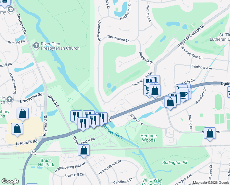 map of restaurants, bars, coffee shops, grocery stores, and more near 1125 Summit Hills Lane in Naperville