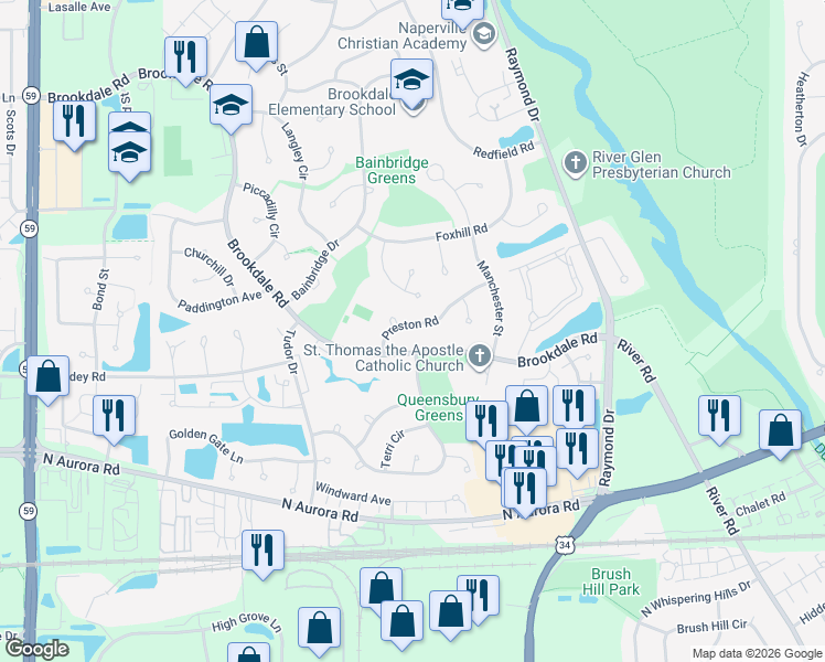 map of restaurants, bars, coffee shops, grocery stores, and more near 1545 Preston Road in Naperville