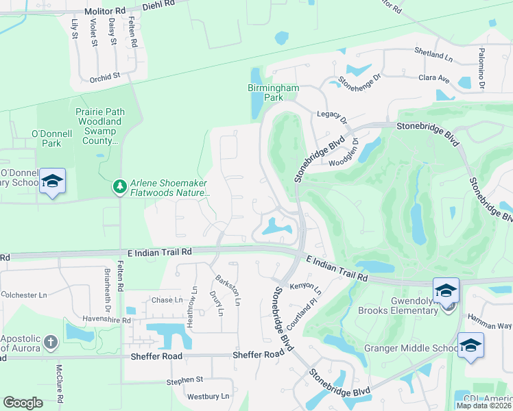 map of restaurants, bars, coffee shops, grocery stores, and more near 2342 Brookside Lane in Aurora