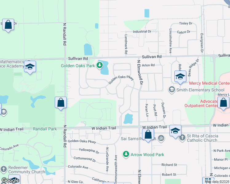 map of restaurants, bars, coffee shops, grocery stores, and more near 1440 Bent Oak Trail in Aurora