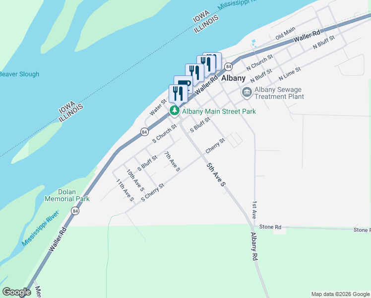map of restaurants, bars, coffee shops, grocery stores, and more near 505 South Bluff Street in Albany