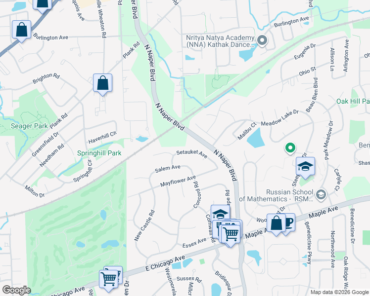 map of restaurants, bars, coffee shops, grocery stores, and more near 25W172 Setauket Avenue in Naperville
