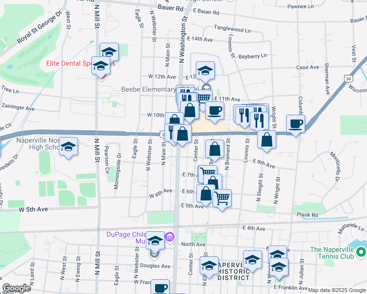 map of restaurants, bars, coffee shops, grocery stores, and more near 833 North Washington Street in Naperville