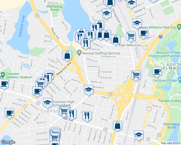 map of restaurants, bars, coffee shops, grocery stores, and more near 15 Friendly Road in Cranston