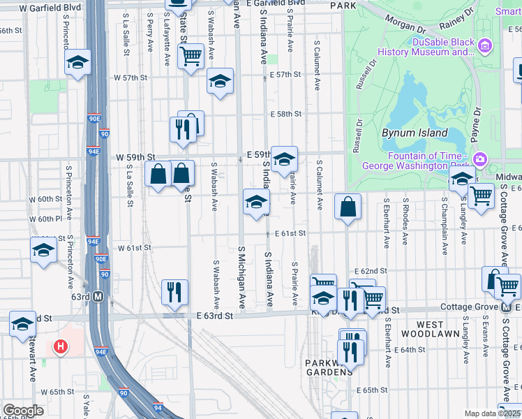 map of restaurants, bars, coffee shops, grocery stores, and more near 6000 South Indiana Avenue in Chicago