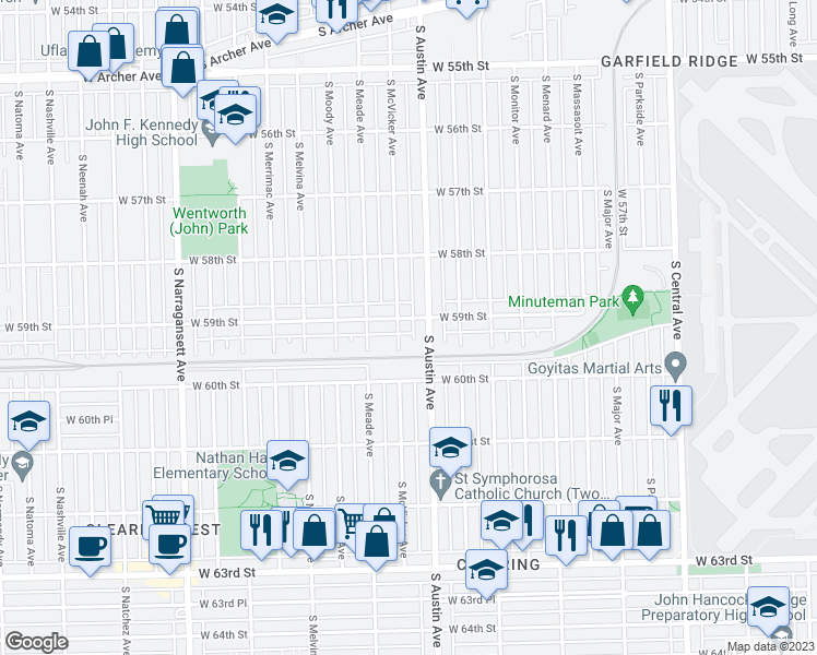 map of restaurants, bars, coffee shops, grocery stores, and more near 6014 West 59th Street in Chicago