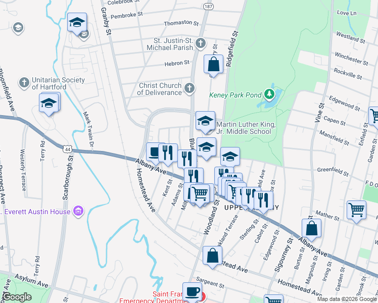 map of restaurants, bars, coffee shops, grocery stores, and more near 73 Blue Hills Avenue in Hartford