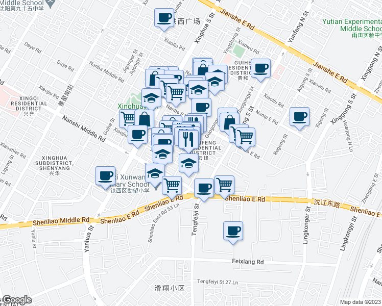 map of restaurants, bars, coffee shops, grocery stores, and more near in Shenyang Shi