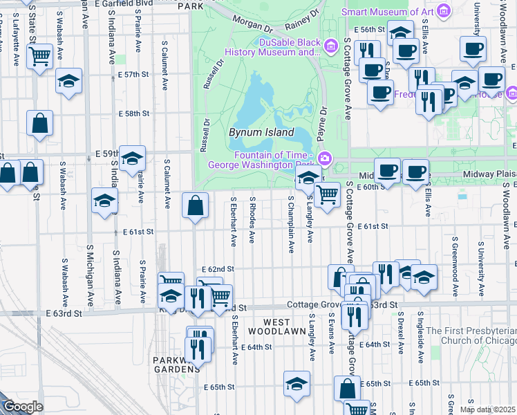map of restaurants, bars, coffee shops, grocery stores, and more near 6027 South Rhodes Avenue in Chicago
