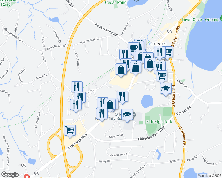 map of restaurants, bars, coffee shops, grocery stores, and more near 42 Old Colony Way in Orleans