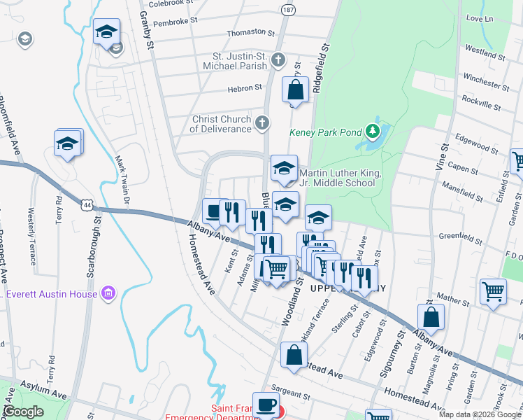 map of restaurants, bars, coffee shops, grocery stores, and more near 73 Blue Hills Avenue in Hartford