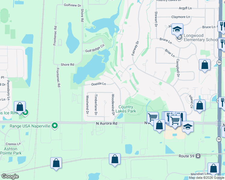 map of restaurants, bars, coffee shops, grocery stores, and more near 2412 Oneida Lane in Naperville