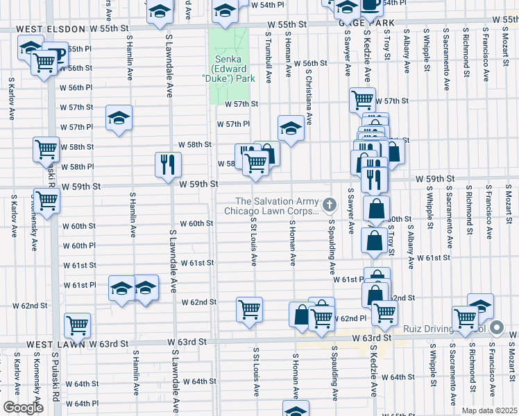 map of restaurants, bars, coffee shops, grocery stores, and more near 3432 West 59th Place in Chicago
