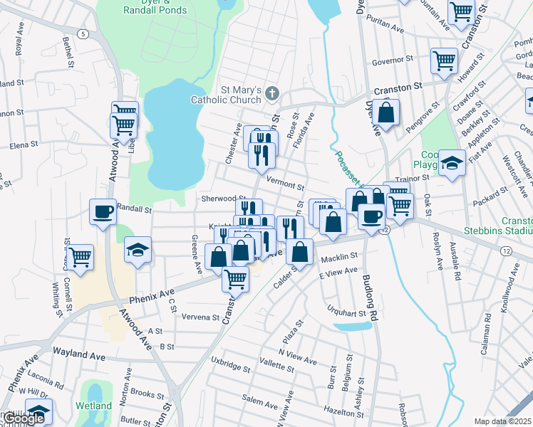 map of restaurants, bars, coffee shops, grocery stores, and more near 21 Connecticut Street in Cranston