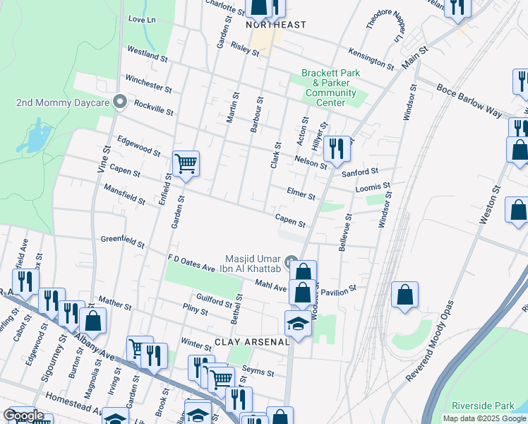 map of restaurants, bars, coffee shops, grocery stores, and more near Capen St & Clark St in Hartford