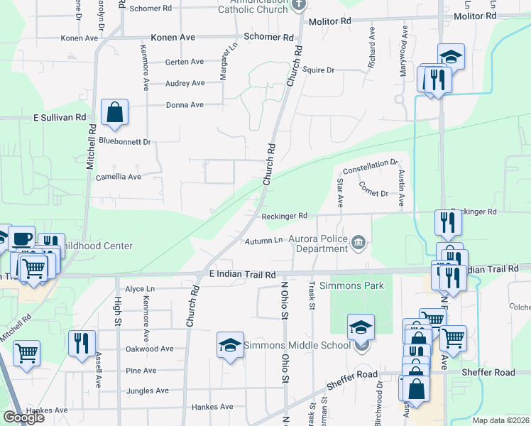 map of restaurants, bars, coffee shops, grocery stores, and more near 1370 Oakwood Avenue in Aurora
