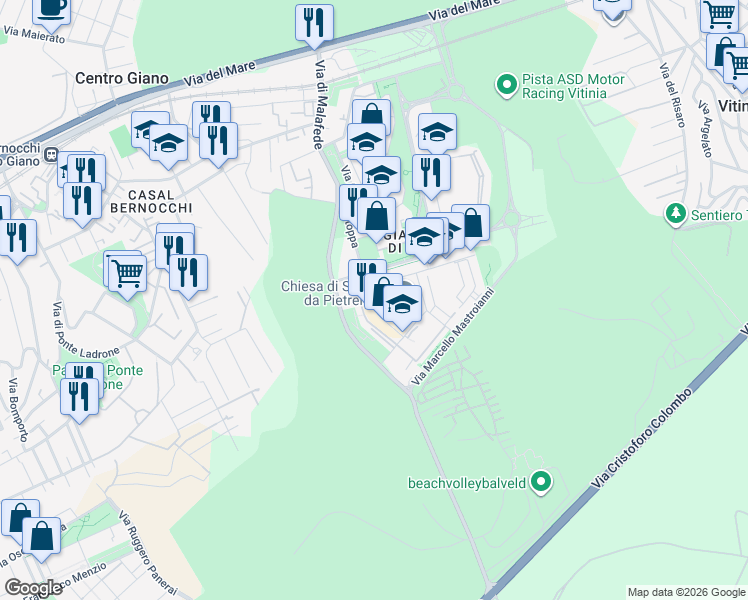 map of restaurants, bars, coffee shops, grocery stores, and more near 44 Via Paolo Stoppa in Rome