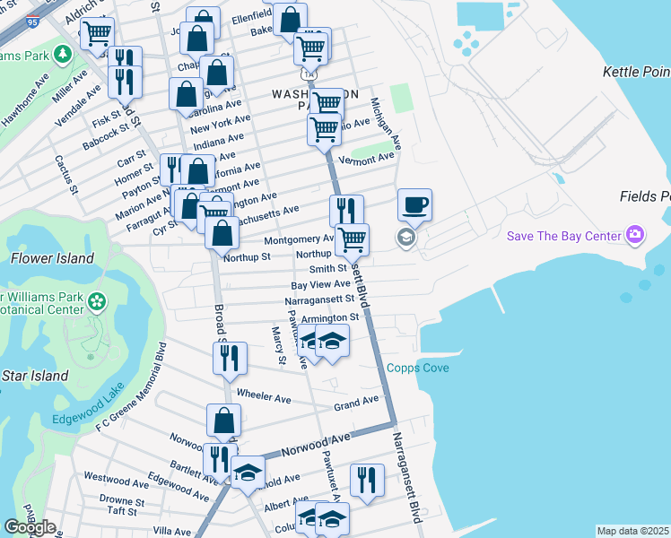 map of restaurants, bars, coffee shops, grocery stores, and more near 220 Northup Street in Cranston