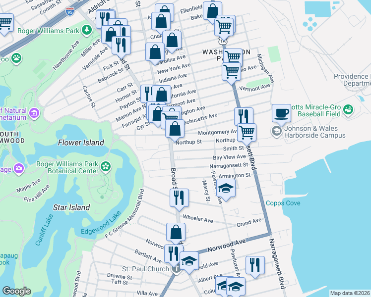 map of restaurants, bars, coffee shops, grocery stores, and more near 357 Northup Street in Cranston