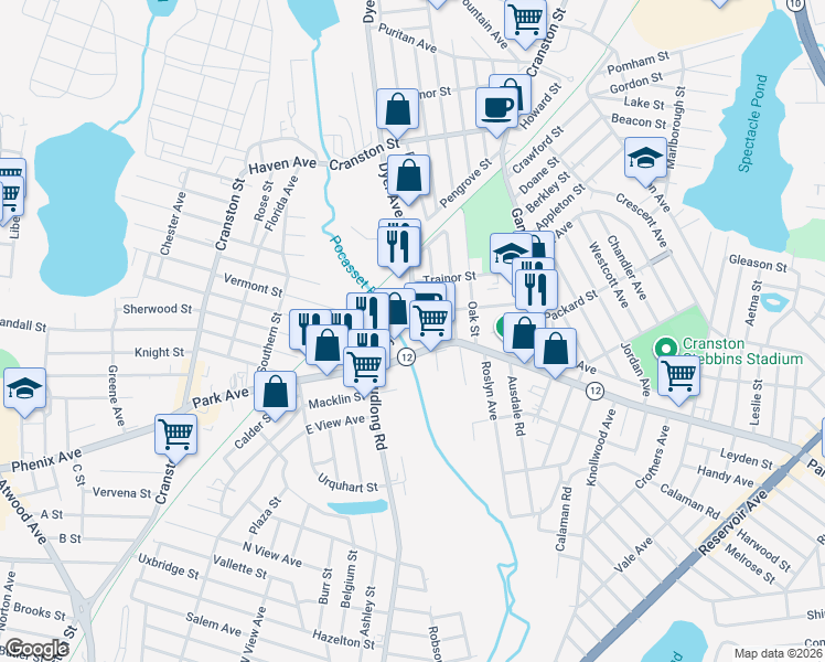 map of restaurants, bars, coffee shops, grocery stores, and more near 156 Duckworth Street in Cranston