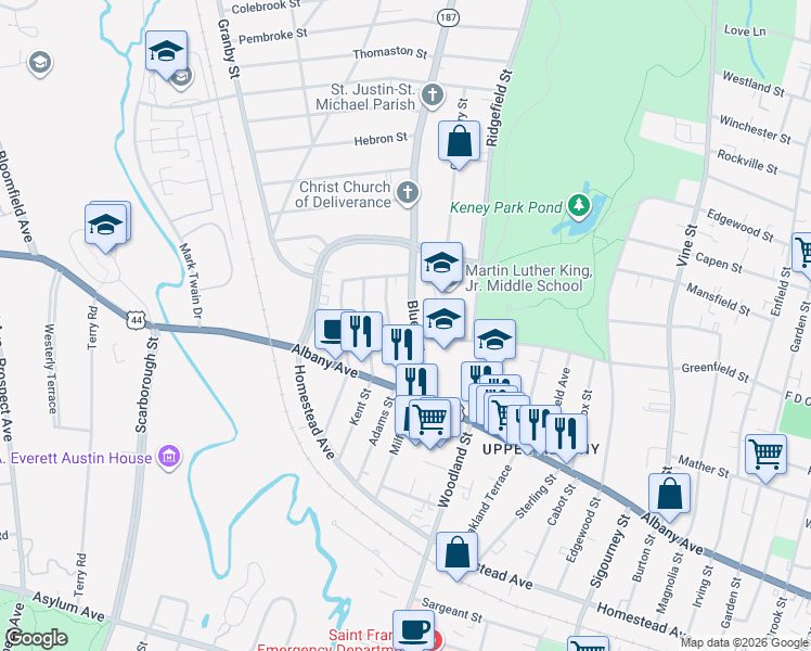 map of restaurants, bars, coffee shops, grocery stores, and more near 73 Blue Hills Avenue in Hartford