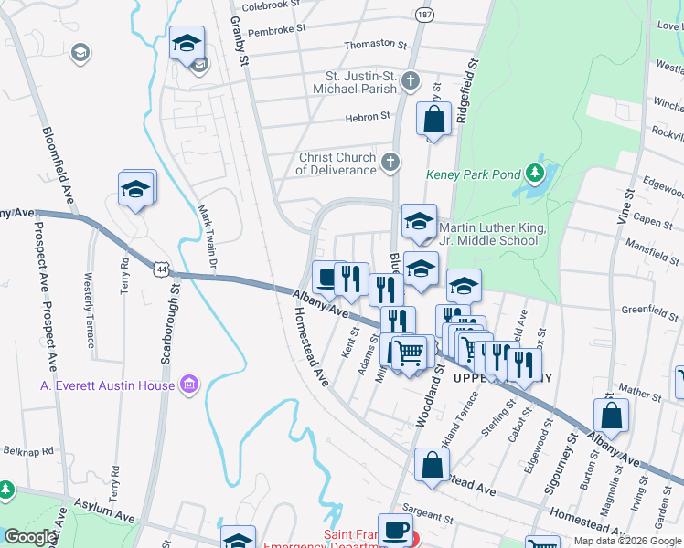 map of restaurants, bars, coffee shops, grocery stores, and more near 133 Kent Street in Hartford