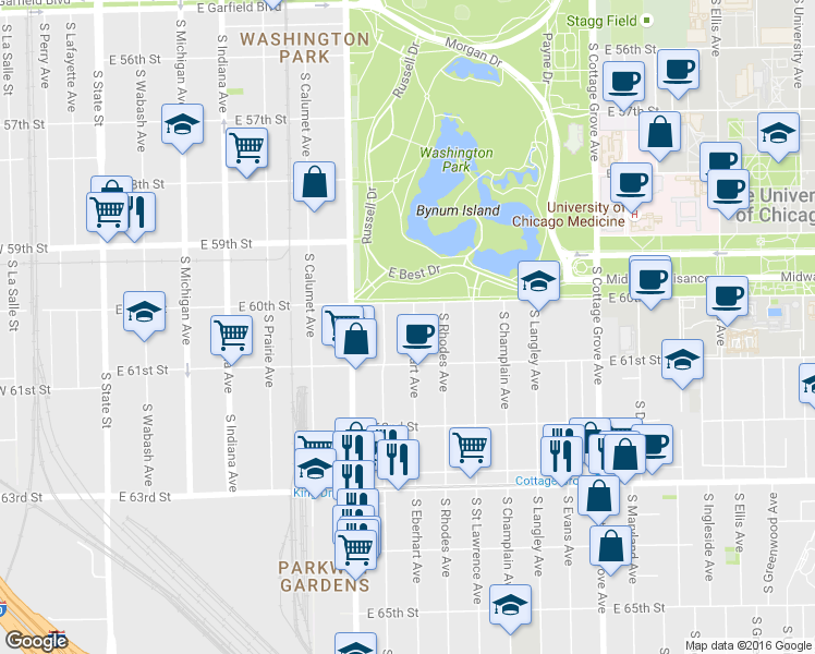 map of restaurants, bars, coffee shops, grocery stores, and more near 6006 South Eberhart Avenue in Chicago