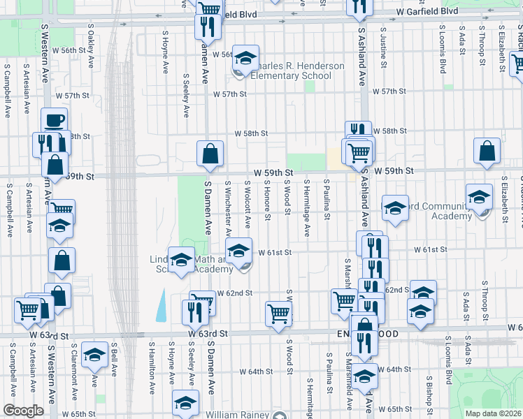 map of restaurants, bars, coffee shops, grocery stores, and more near 5938 South Honore Street in Chicago