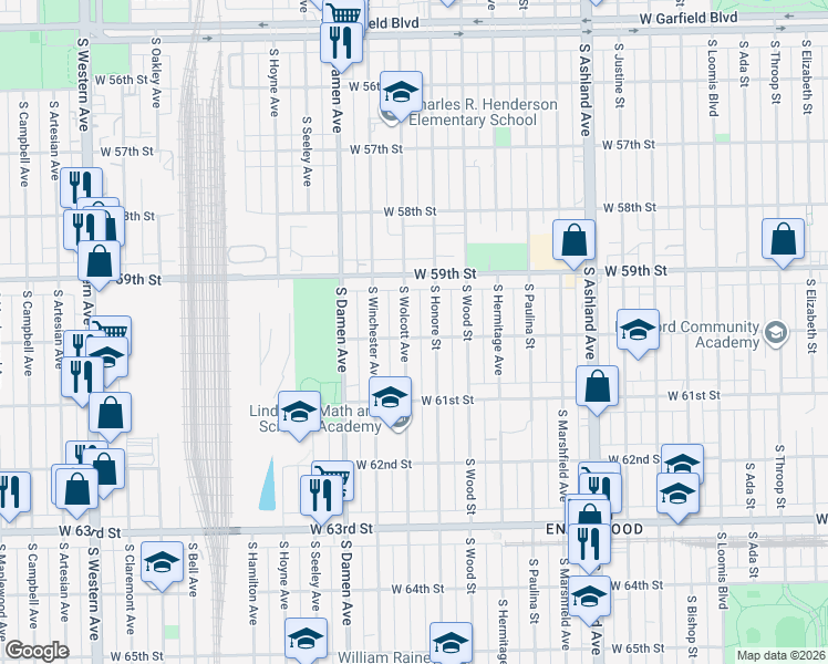 map of restaurants, bars, coffee shops, grocery stores, and more near 5938 South Wolcott Avenue in Chicago