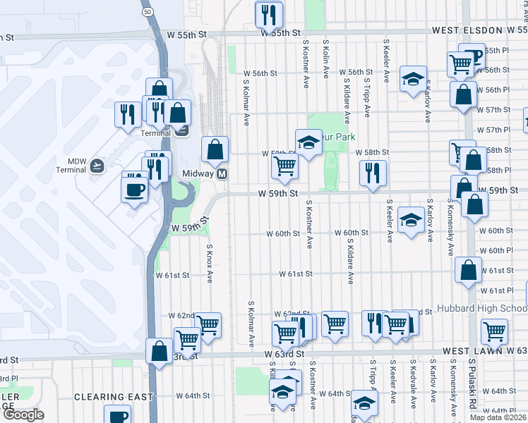 map of restaurants, bars, coffee shops, grocery stores, and more near 5907 South Kilbourn Avenue in Chicago