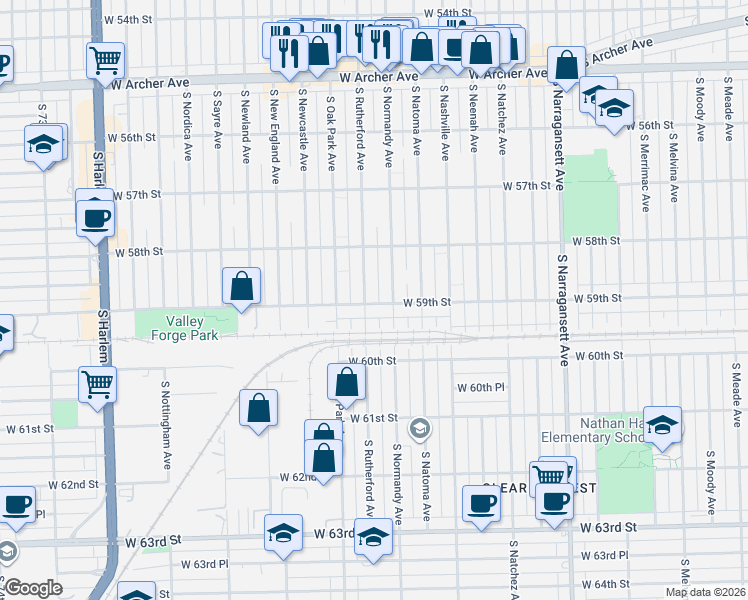 map of restaurants, bars, coffee shops, grocery stores, and more near 5838 South Normandy Avenue in Chicago