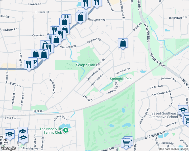 map of restaurants, bars, coffee shops, grocery stores, and more near 1149 Greensfield Drive in Naperville
