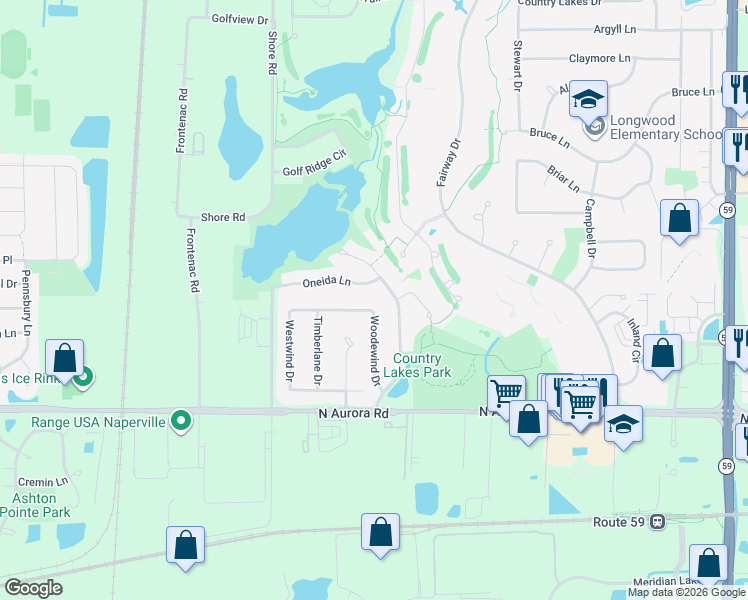 map of restaurants, bars, coffee shops, grocery stores, and more near 2412 Oneida Lane in Naperville