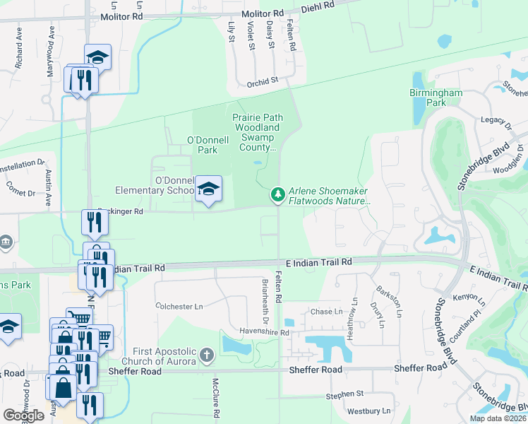 map of restaurants, bars, coffee shops, grocery stores, and more near 1294 Everwood Lane in Aurora