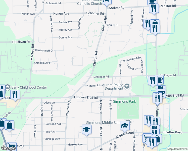 map of restaurants, bars, coffee shops, grocery stores, and more near 1370 Oakwood Avenue in Aurora