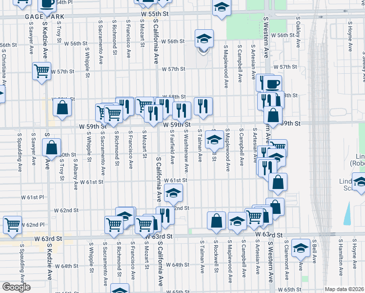 map of restaurants, bars, coffee shops, grocery stores, and more near 5930 South Washtenaw Avenue in Chicago