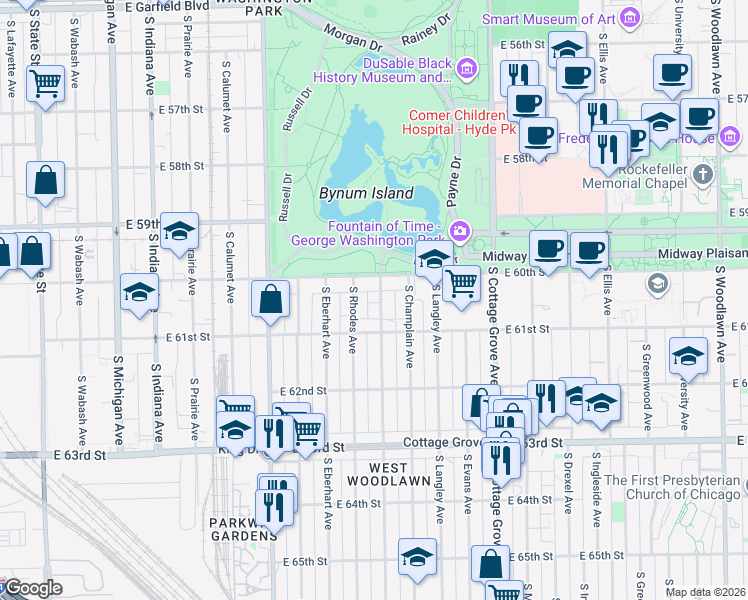 map of restaurants, bars, coffee shops, grocery stores, and more near 6024 South Saint Lawrence Avenue in Chicago