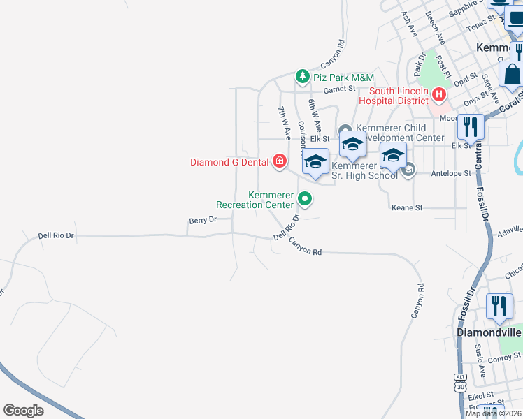 map of restaurants, bars, coffee shops, grocery stores, and more near 1800 Holland Drive in Kemmerer
