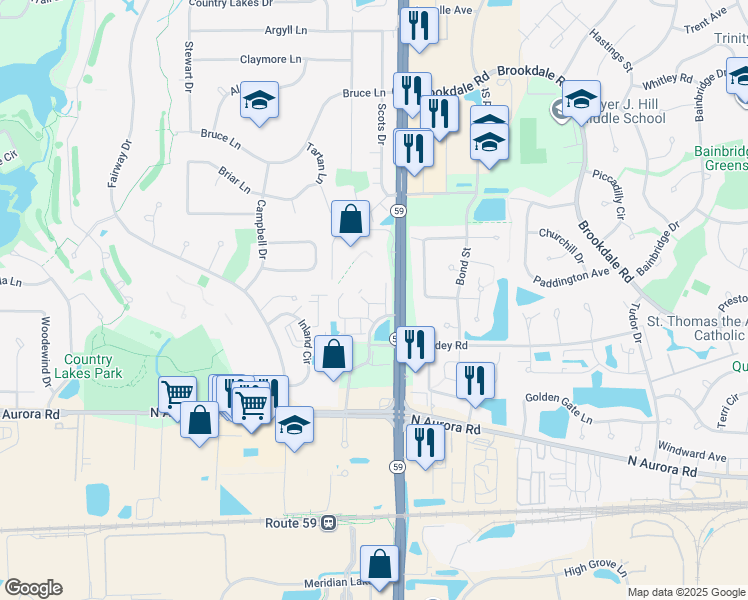 map of restaurants, bars, coffee shops, grocery stores, and more near 30W062 Capistrano Court in Naperville