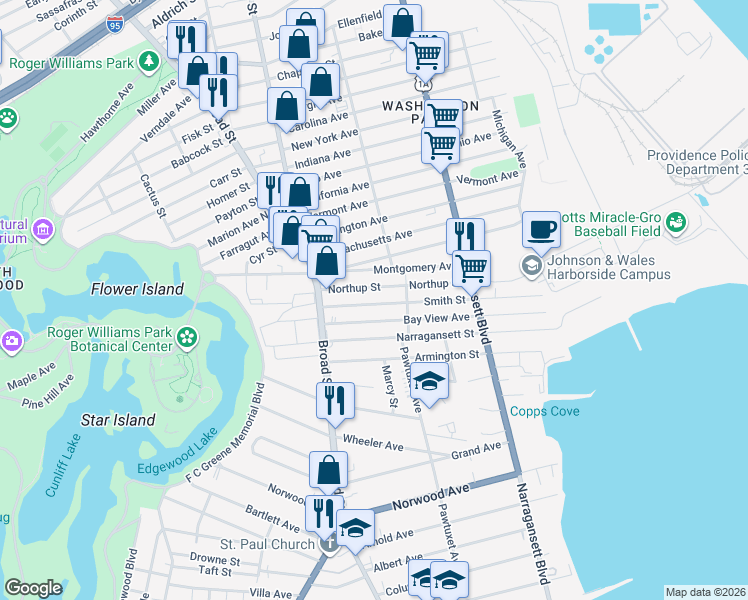 map of restaurants, bars, coffee shops, grocery stores, and more near 321 Smith Street in Cranston