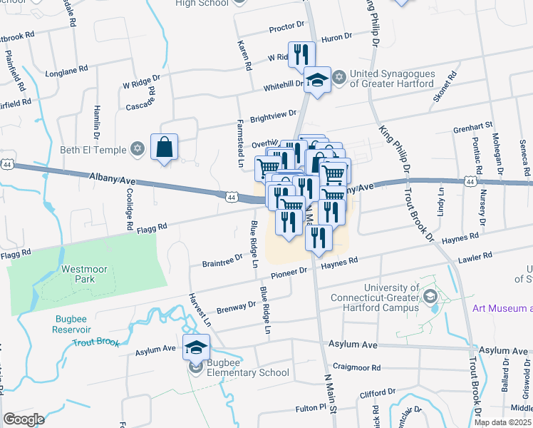 map of restaurants, bars, coffee shops, grocery stores, and more near 11 Flagg Road in West Hartford