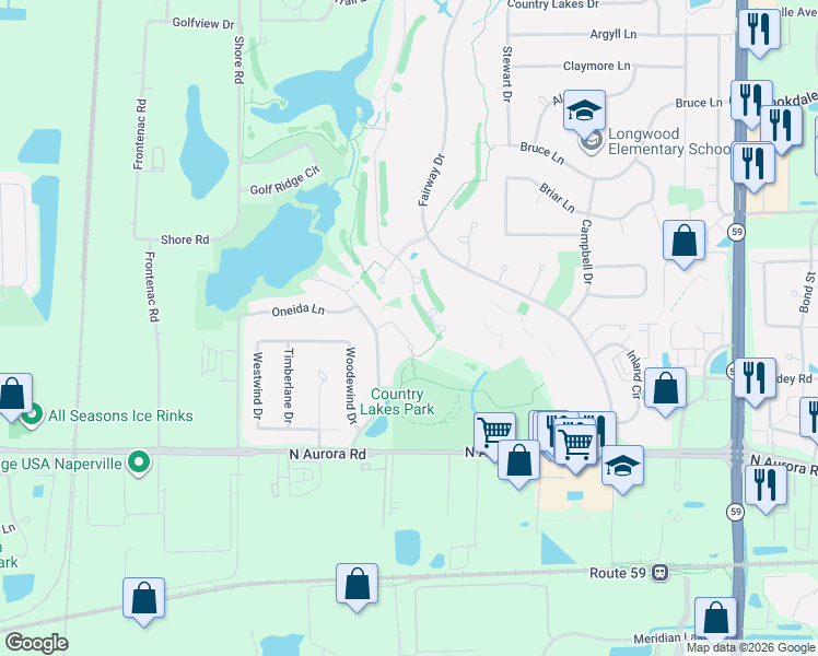 map of restaurants, bars, coffee shops, grocery stores, and more near 1327 Bayou Path Court in Naperville