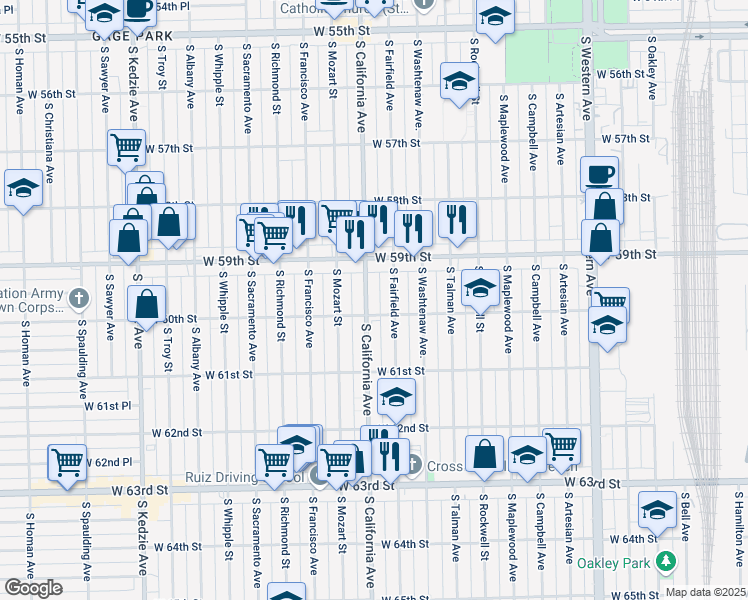 map of restaurants, bars, coffee shops, grocery stores, and more near 5927 South California Avenue in Chicago