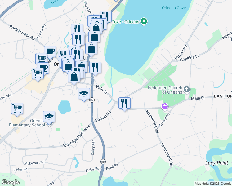 map of restaurants, bars, coffee shops, grocery stores, and more near 46 Tonset Road in Orleans