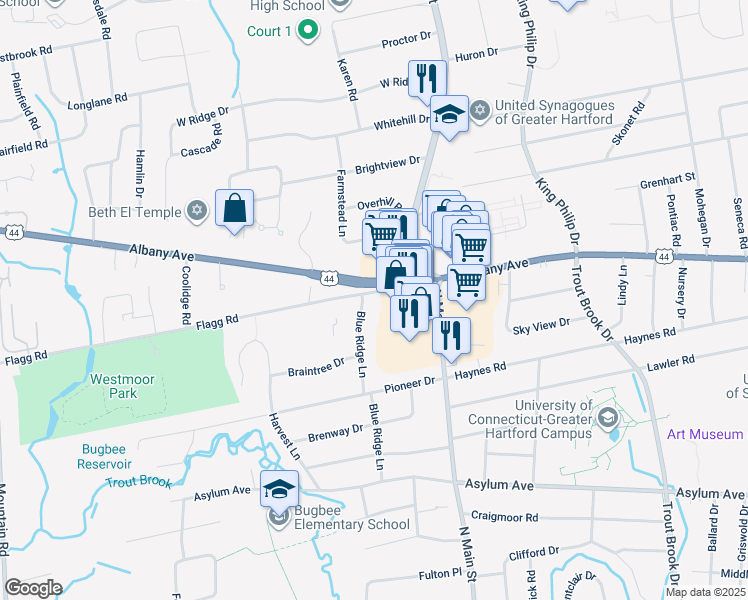 map of restaurants, bars, coffee shops, grocery stores, and more near 11 Flagg Road in West Hartford