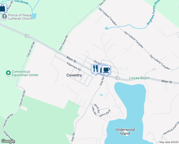 map of restaurants, bars, coffee shops, grocery stores, and more near 2478 Main Street in Coventry